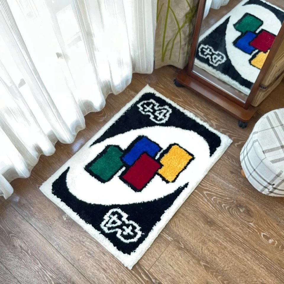 Black and White Tufted "Uno +4 Playing Card" Rug