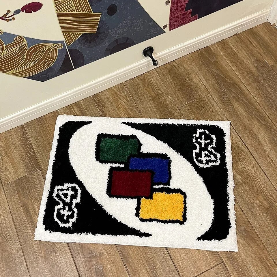 Black and White Tufted "Uno +4 Playing Card" Rug