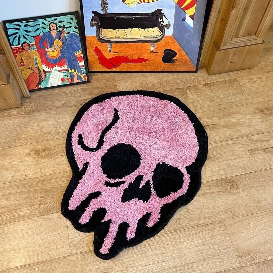 Pink Tufted Cartoon Skull Rug